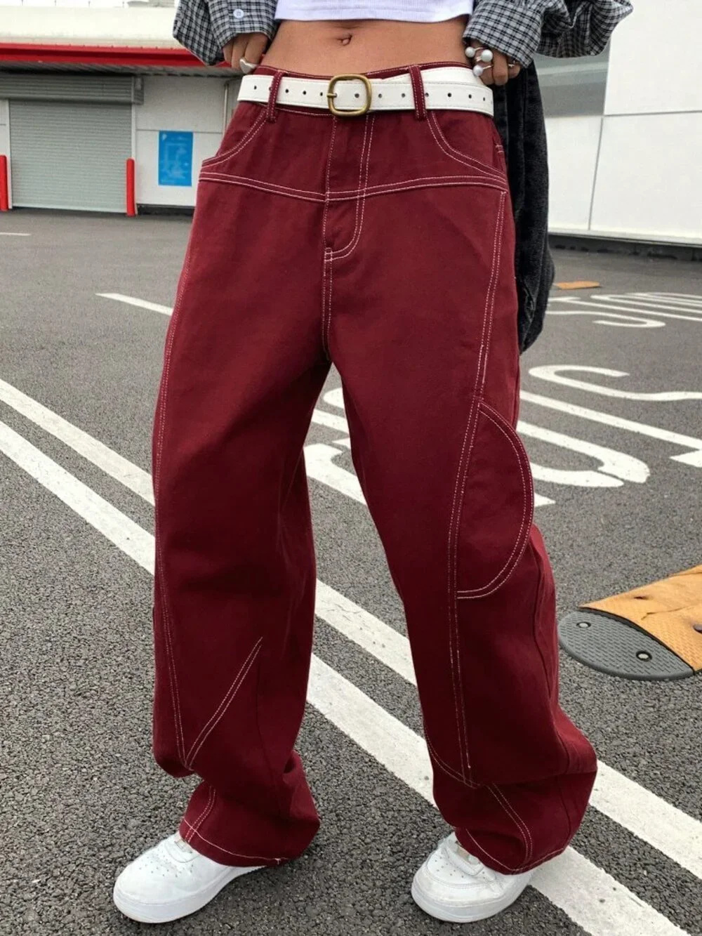 Burgundy Casual Women's Loose Fit Cargo Jeans Y2k